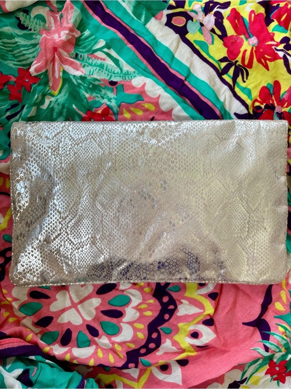 American Eagle Metallic Snakeskin Foldover Clutch Magnetic Snap Close Coral Zip